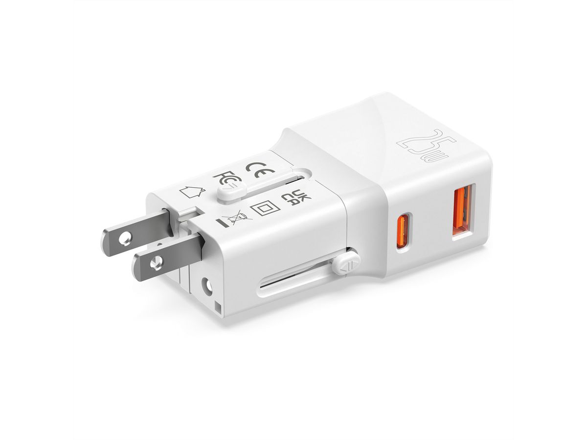 VALUE USB Reise-Charger mit Euro-Flach-/UK-/US-Stecker, 2 Port (Typ-A QC3.0, Typ-C PD), 25W