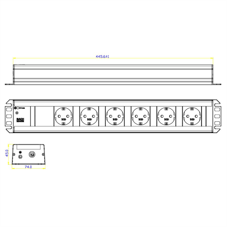 BACHMANN Handwerkerleiste 6x Schutzkontakt, 19-Zoll-Rack kompatibel, 2 m