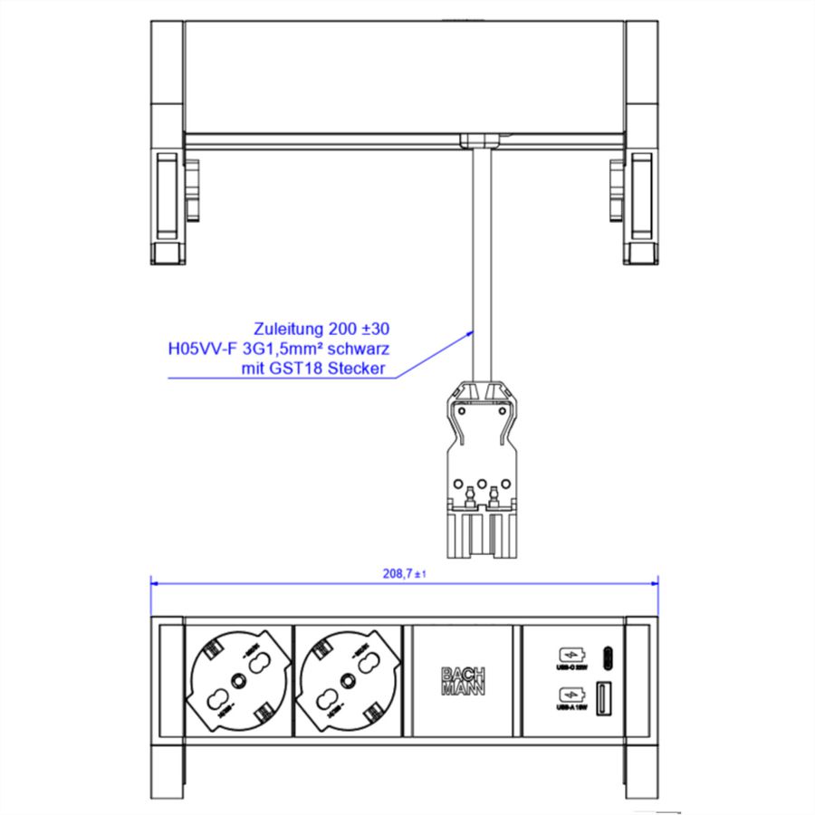 BACHMANN DESK2 2xP40 1xUSB A/C 22W, 0,2m GST18 INOX Italia