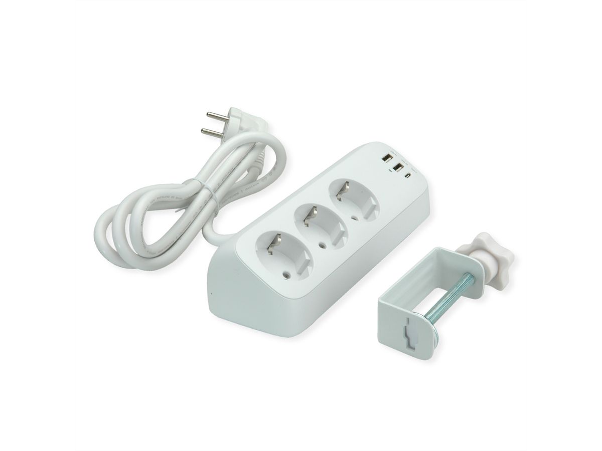 VALUE Tisch-Steckdosenleiste, 3fach mit Tisch-Klemme, inkl. USB-Charger (2x USB-A, 1x USB-C), 1,5 m