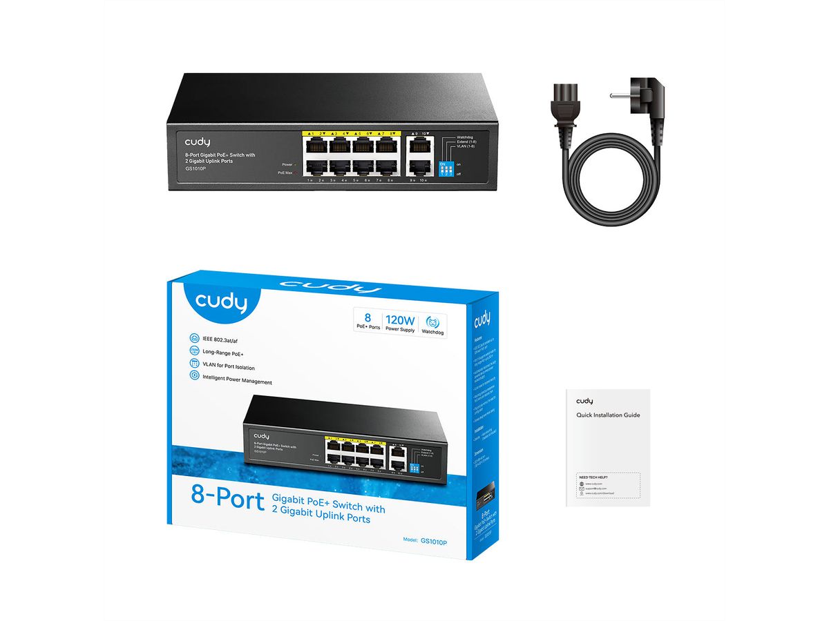 CUDY GS1010P 8-Port Gigabit PoE+ Switch mit 2 Gigabit Uplink Ports 120W