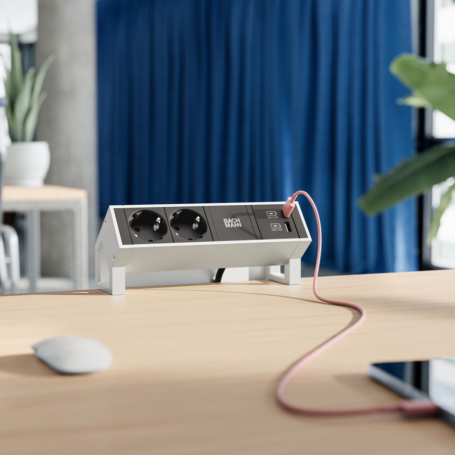 BACHMANN DESK2 2xSchutzkontakt USB A&C, USB Charger 22W 0,2m GST18 INOX