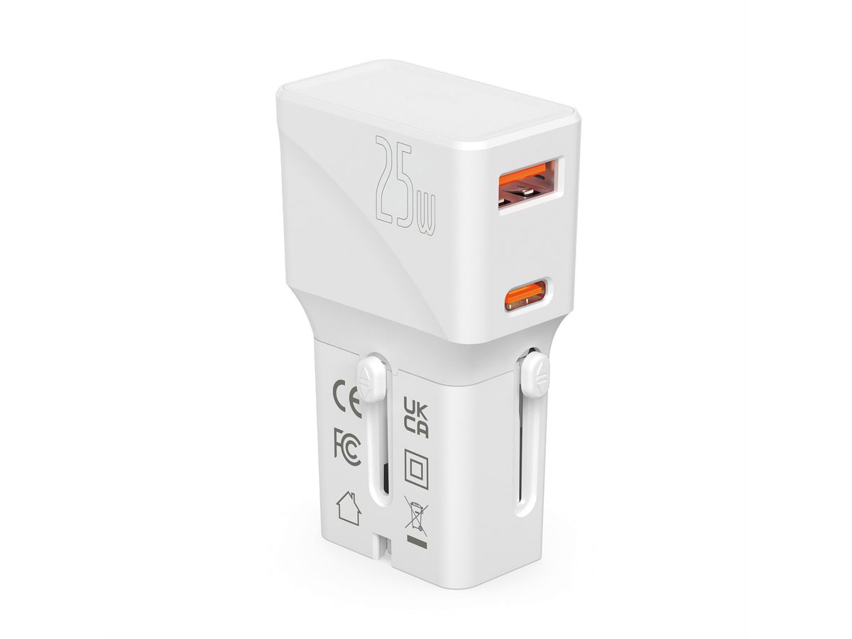 VALUE USB Reise-Charger mit Euro-Flach-/UK-/US-Stecker, 2 Port (Typ-A QC3.0, Typ-C PD), 25W