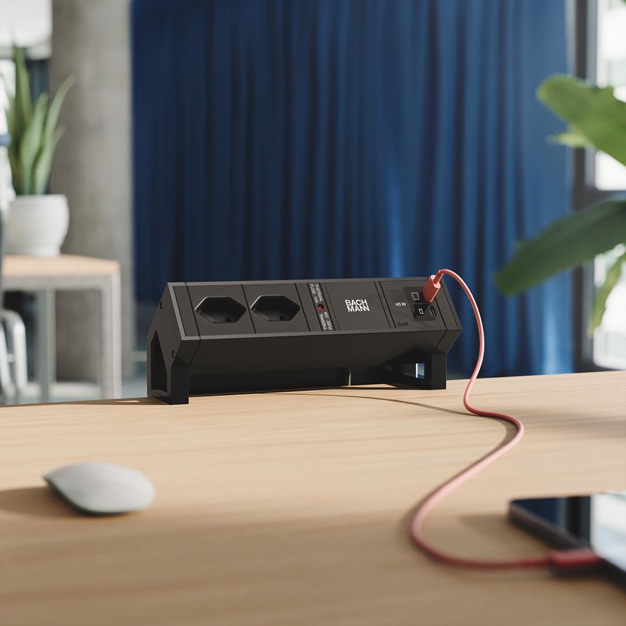 BACHMANN DESK2 2xCH 90° 1xUSB C/C 45W, L=0,2m RAL9005