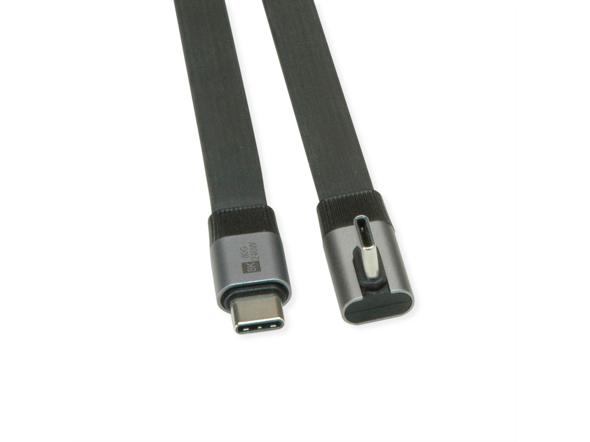 ROLINE USB4 2.0 Flachkabel, C–C, ST/ST einseitig 90°-gewinkelt, 8K UHD-2, 80Gbit/s, 240W, schwarz, 0,8 m