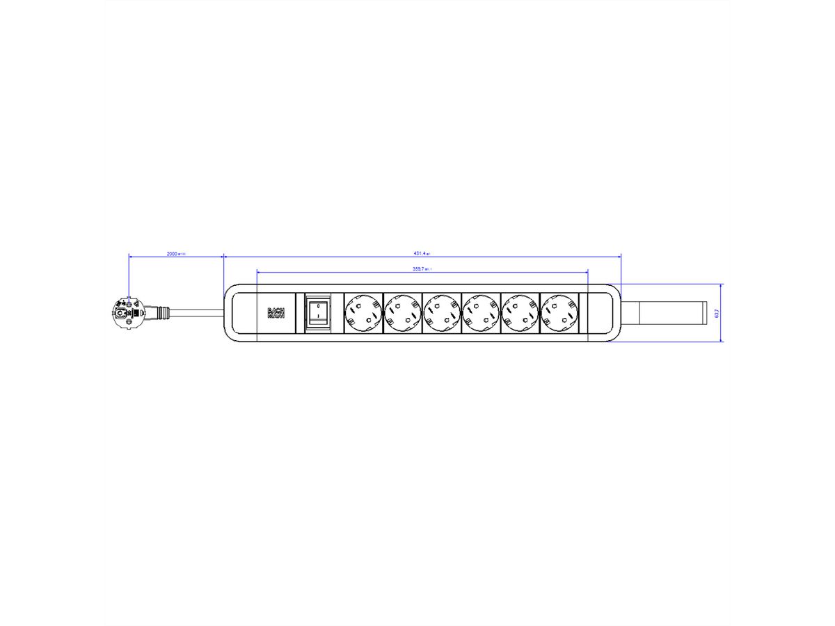 BACHMANN PRIMO 2 6xCEE7/3 1xSchalter mit Schlaufe 2m CEE7/7 RAL5010