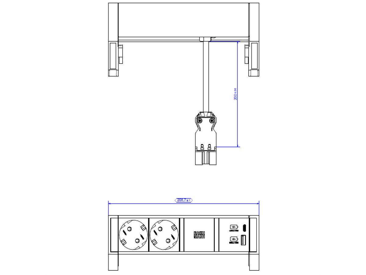 BACHMANN DESK2 2xSchutzkontakt USB A&C, USB Charger 22W 0,2m GST18 INOX