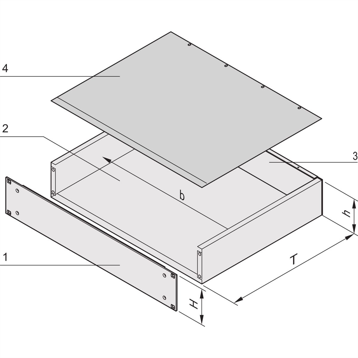 SCHROFF 19"-Kompletteinschub aus Stahlblech, Deck- und Bodenblech geschlossen - MULTIPAC 1HE 280T ALZN