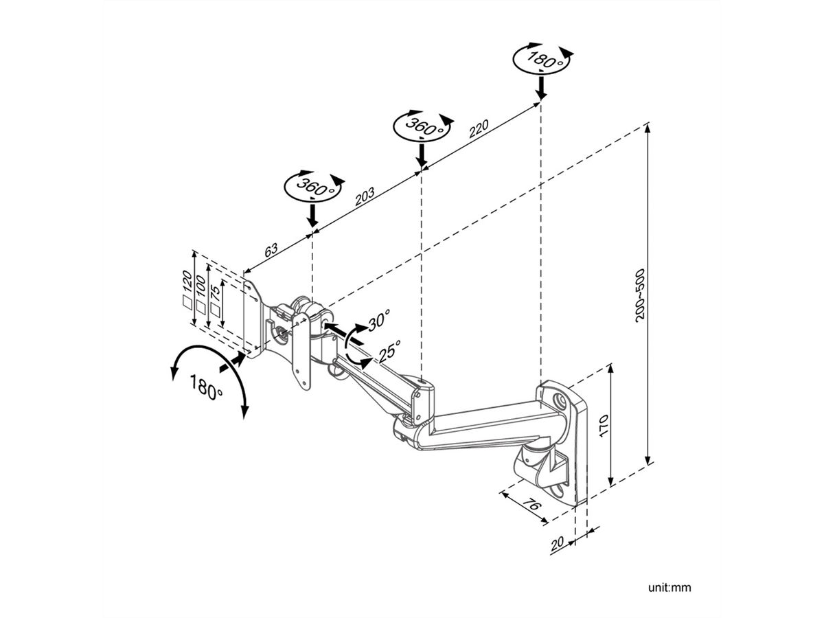 ROLINE LCD-Arm Gasfeder, Wandmontage, Pivot