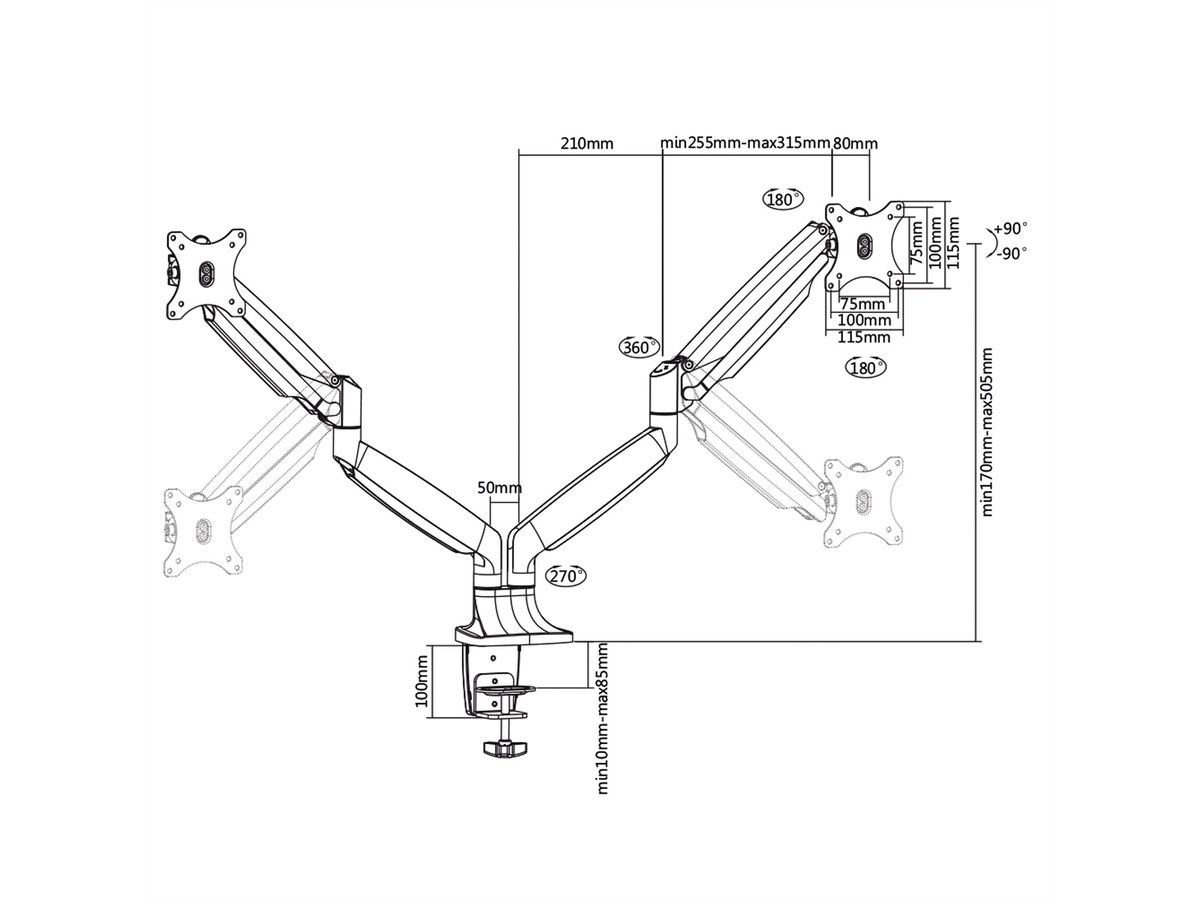 VALUE LCD-Doppelarm, Tischmontage, Gasfeder, 6 Gelenke