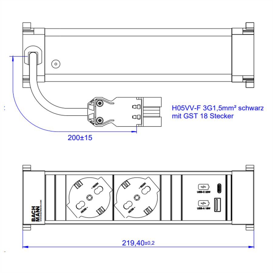 BACHMANN POWER FRAME S 2xP40, 1xUSB A/C 22W 0,2m GST18 Italia
