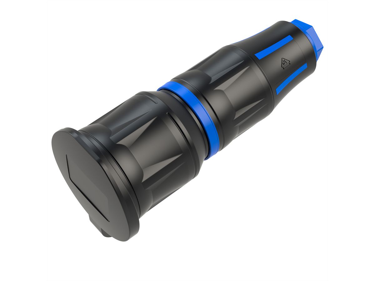 BACHMANN Profi-Schutzkontaktkupplung CEE7/3, Deckelband, gummiert, IP54, schwarz / blau