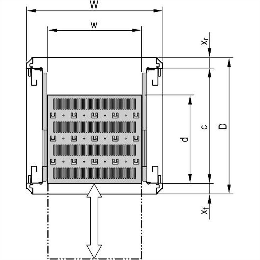 SCHROFF 19''- / Gestell- Fachboden ausziehbar, verkürzt um 100 mm - 19"FA AUS 2HE C=700 RED 7021
