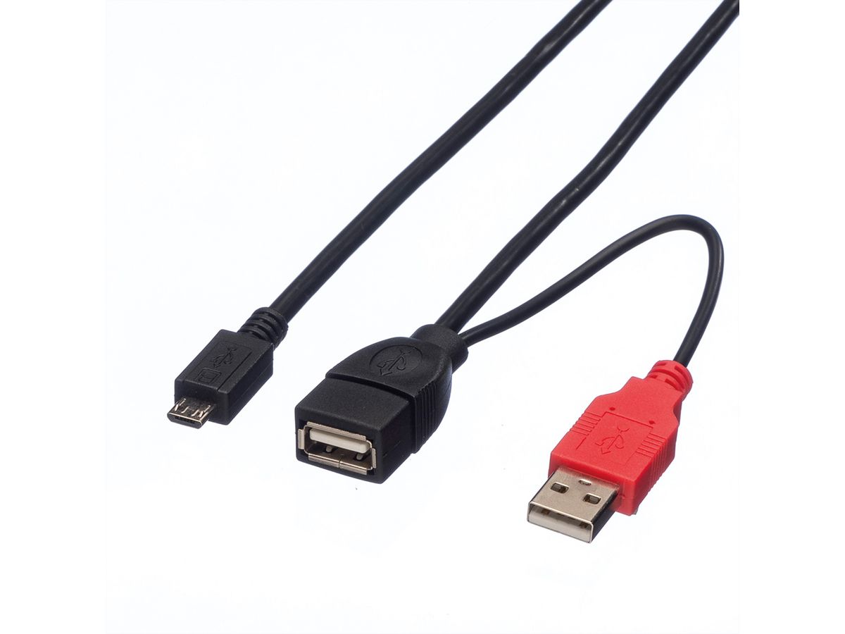 ROLINE USB 2.0 Y-Kabel, 2x Typ A (ST / BU) - Micro B ST, 1m