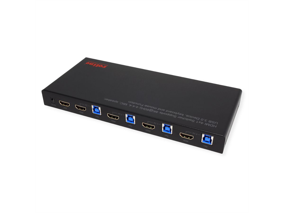 ROLINE KVM Switch, HDMI 4K, USB, 1 User - 4 PC, mit 3-Port USB-Hub