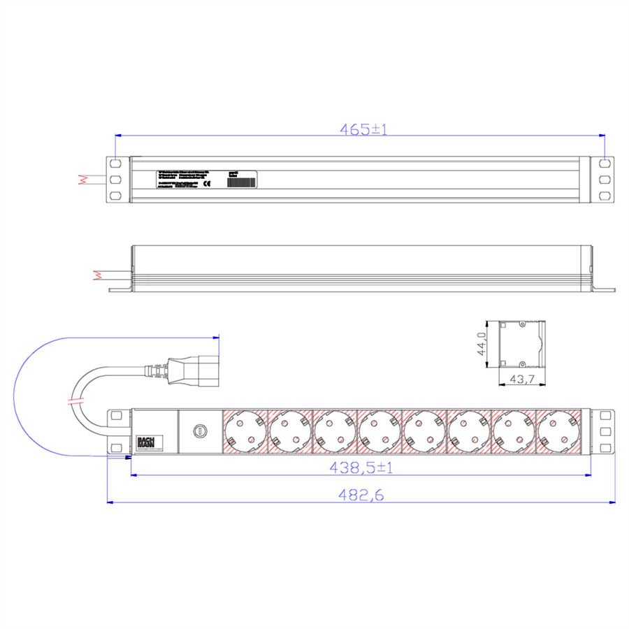BACHMANN 19" Steckdosenleiste 8-fach, 2300W, IEC320 C14 Stecker
