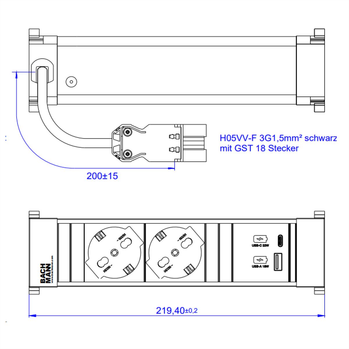 BACHMANN POWER FRAME S 2xP40, 1xUSB A/C 22W 0,2m GST18 Italia