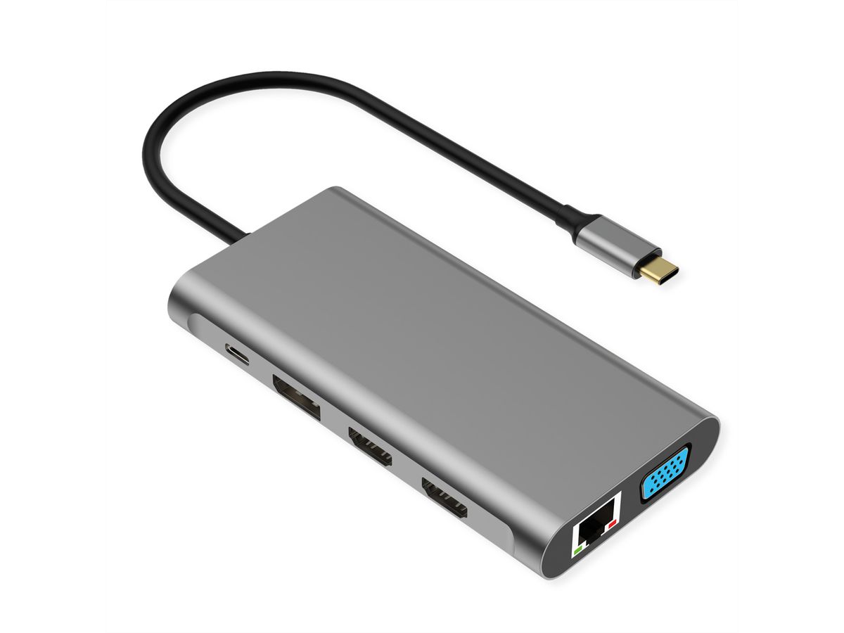 VALUE USB Typ C Dockingstation, 2x HDMI (4K60 und 4K30), 1x DP 4K60, 1x VGA, 1x Gb Ethernet, 2x USB C, 2x USB A (3.2 Gen1 und USB 2.0, 1x Type C PD