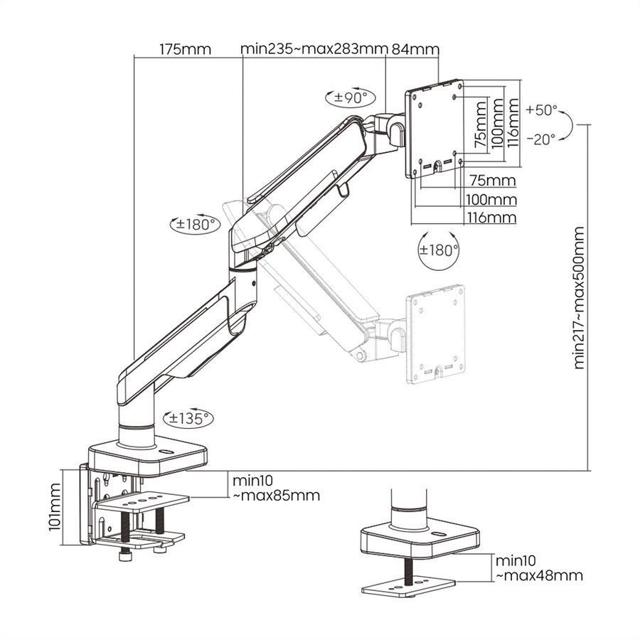 ROLINE LCD-Arm, Tischmontage, Gasfeder, 5 Gelenke, 17-49 Zoll, bis 20 kg