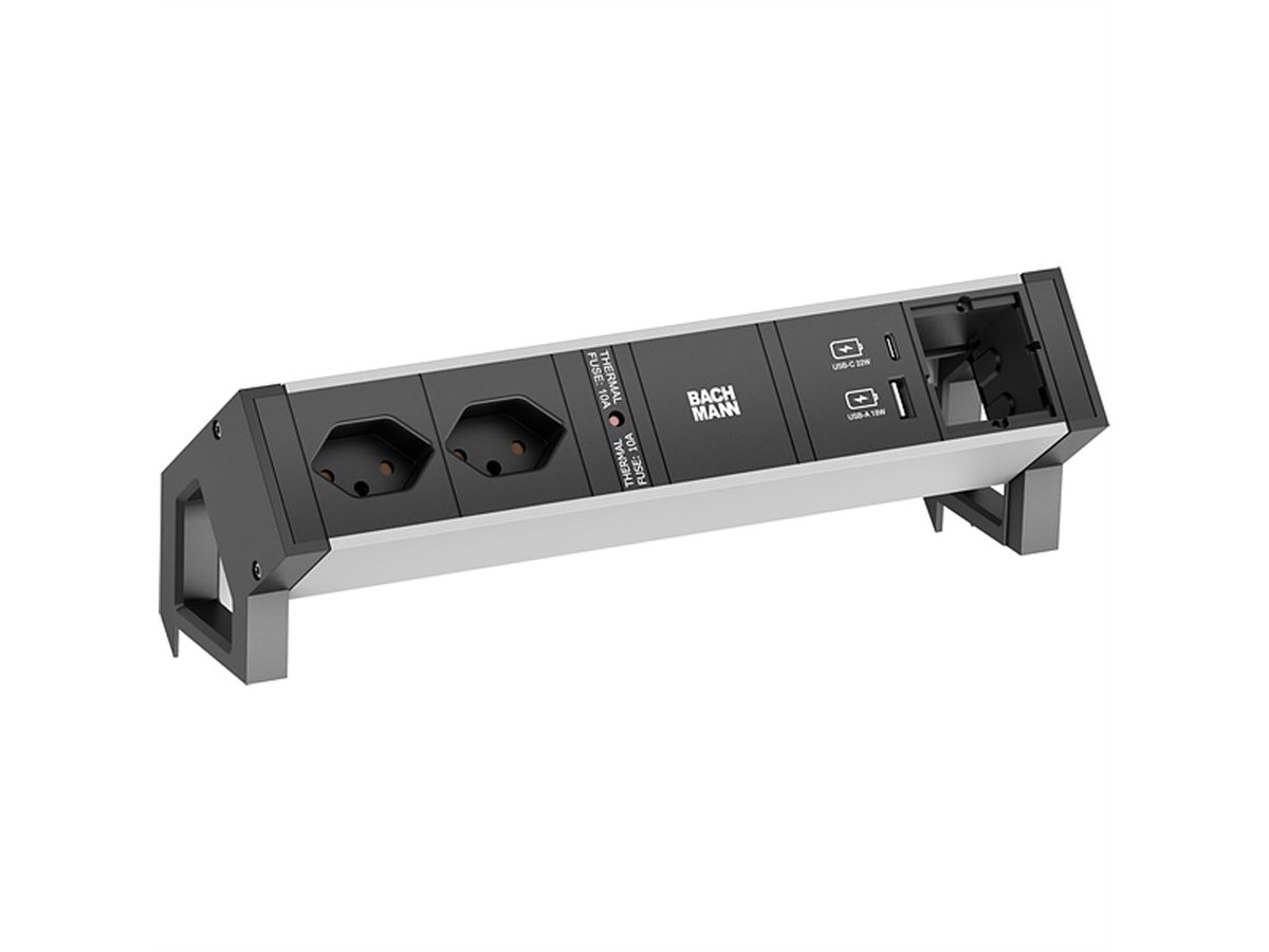 BACHMANN DESK2 ALU BLACK 2xCH T13 1xCM, 1xUSB A&C 22W 0,2m GST18 Schweiz