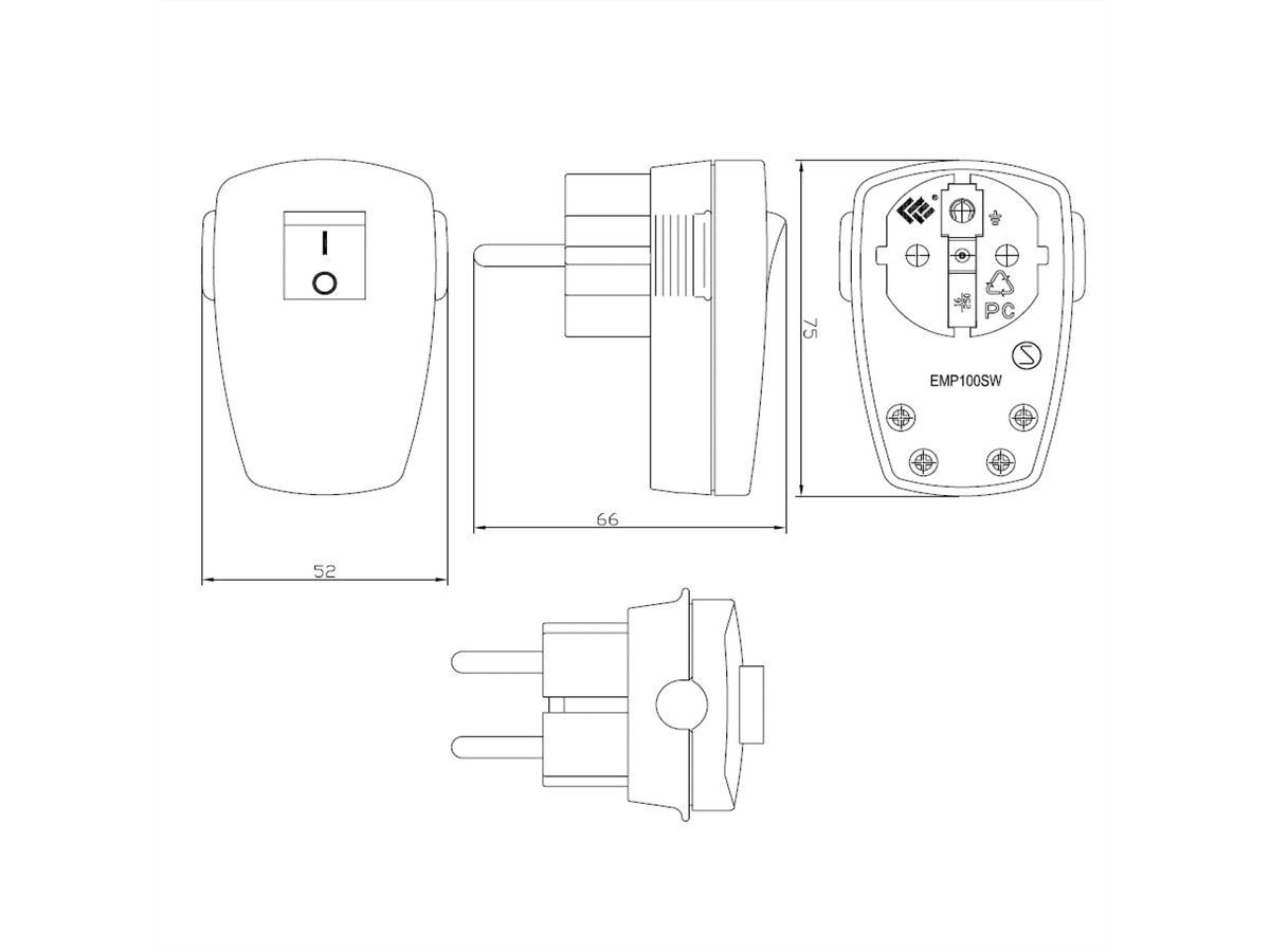 BACHMANN Schutzkontaktstecker, weiß, abschaltbar Wippschalter 2-p