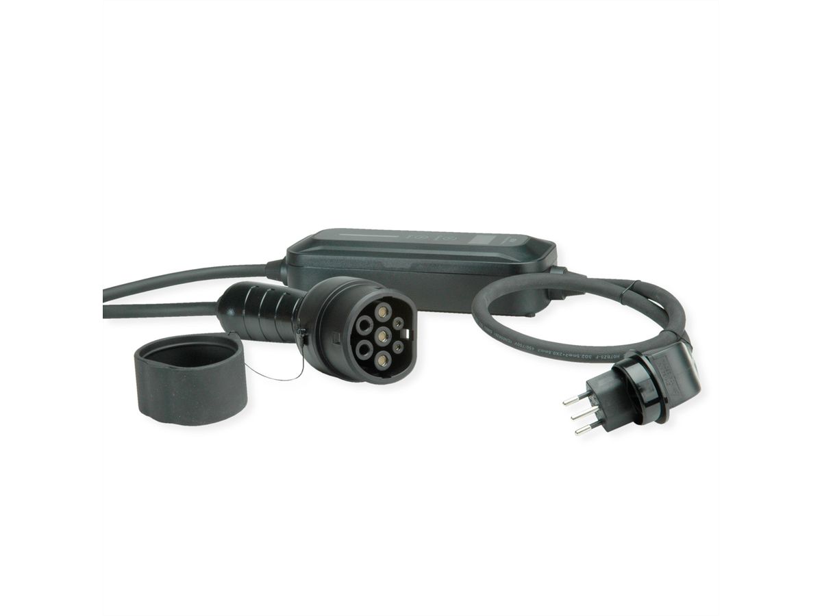 ROLINE Tragbares E-Auto Ladegerät, Typ J & Typ2 Stecker, 1-phasig, Mode 2, 10 A, 2,3 kW, 5 m