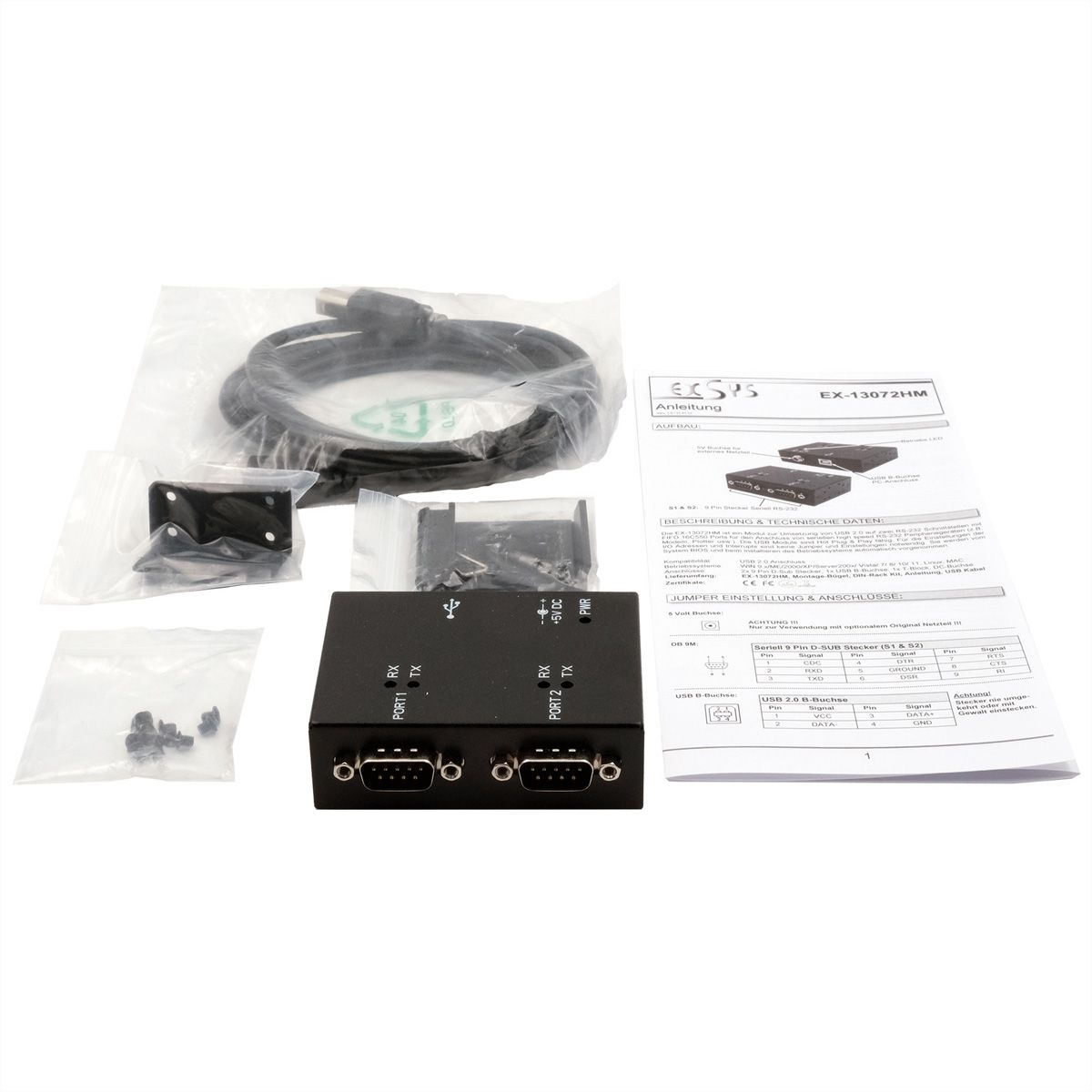 EXSYS EX-13072HM USB 2.0 zu 2 x Seriell RS-232 Ports Metallgehäuse FTDI Chip-Set