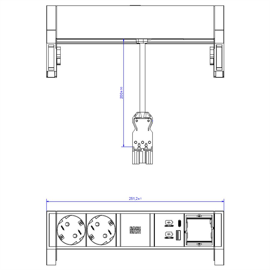 BACHMANN DESK2 ALU BLACK 2xSchutzkt.USB, USB Charger 22W A&C 1xABD 0,2m GST18