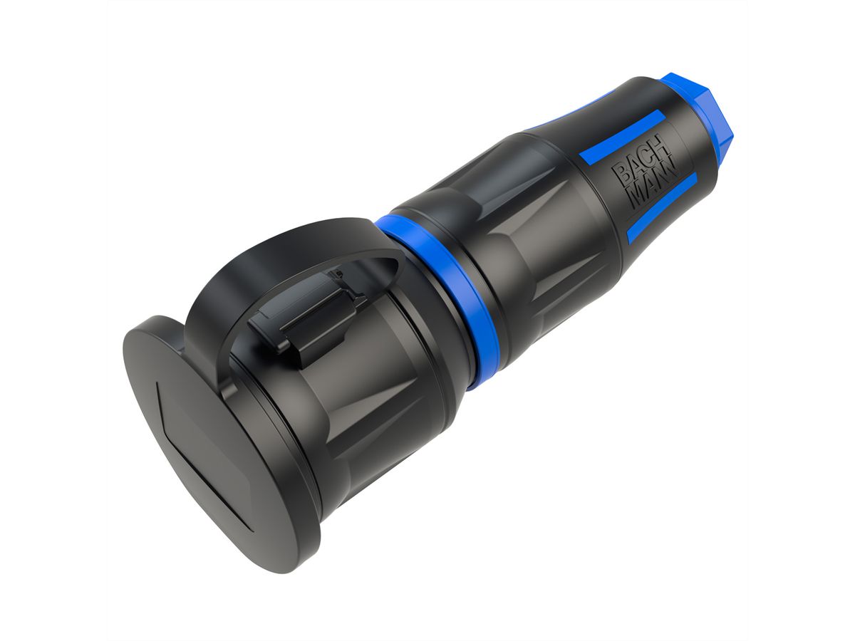 BACHMANN Profi-Schutzkontaktkupplung CEE7/3, Deckelband, gummiert, IP54, schwarz / blau