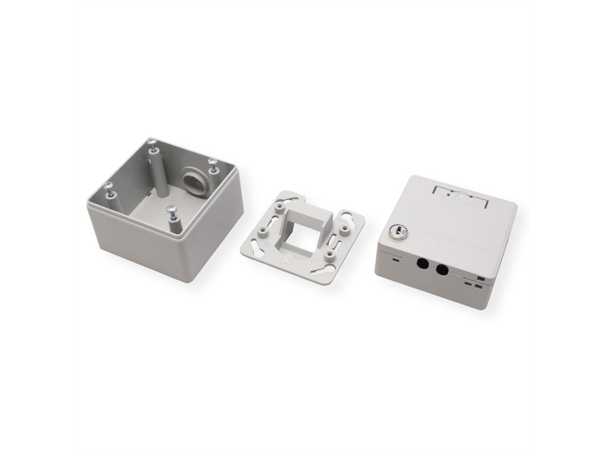 METZ CONNECT IP44 Modul-Aufputz-Gehäuse, Klappdeckel+Schloss, 2Ports unbestückt, grau