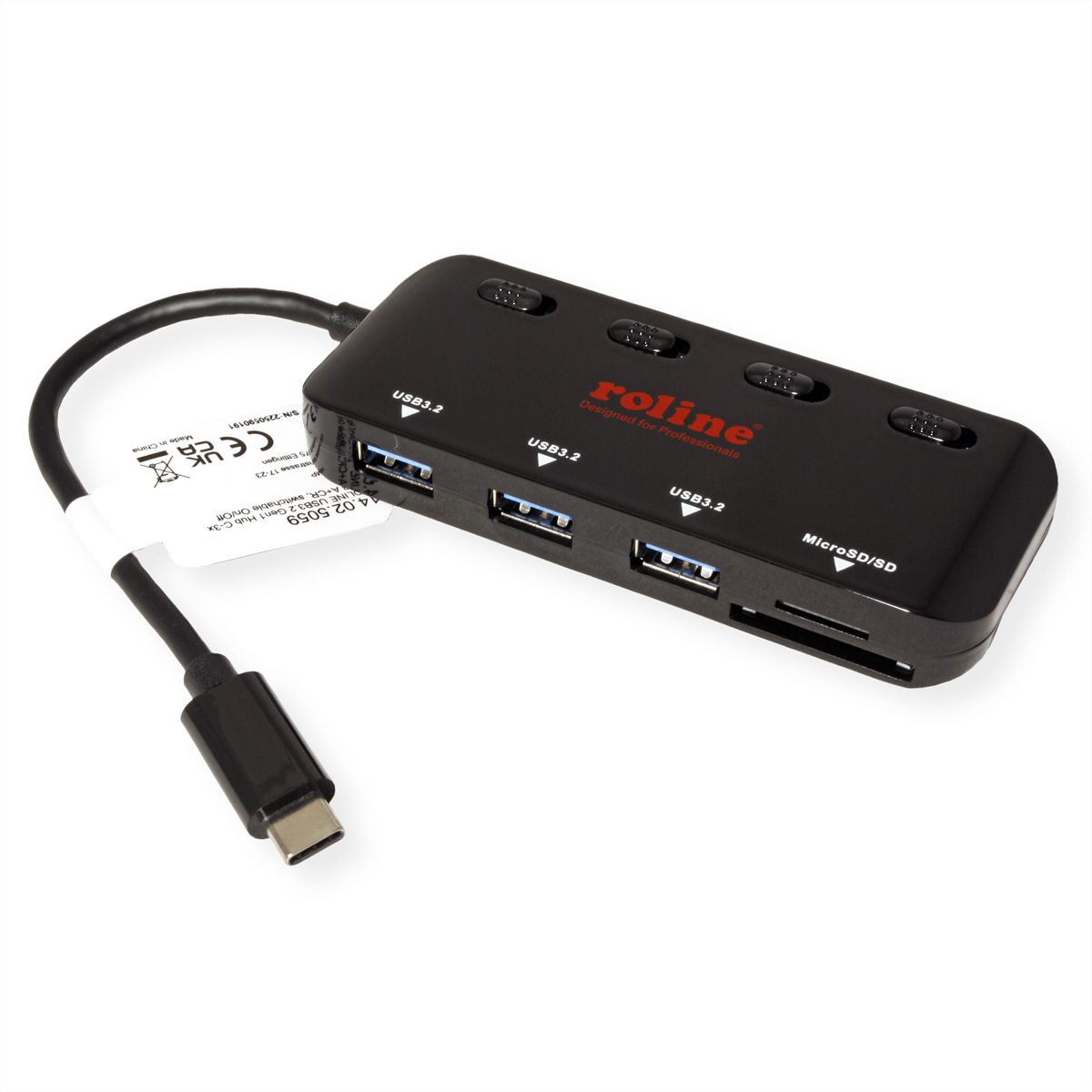 ROLINE USB 3.2 Gen 1 Hub, 3fach, Typ C Anschlusskabel, mit CardReader, Ports einzeln schaltbar