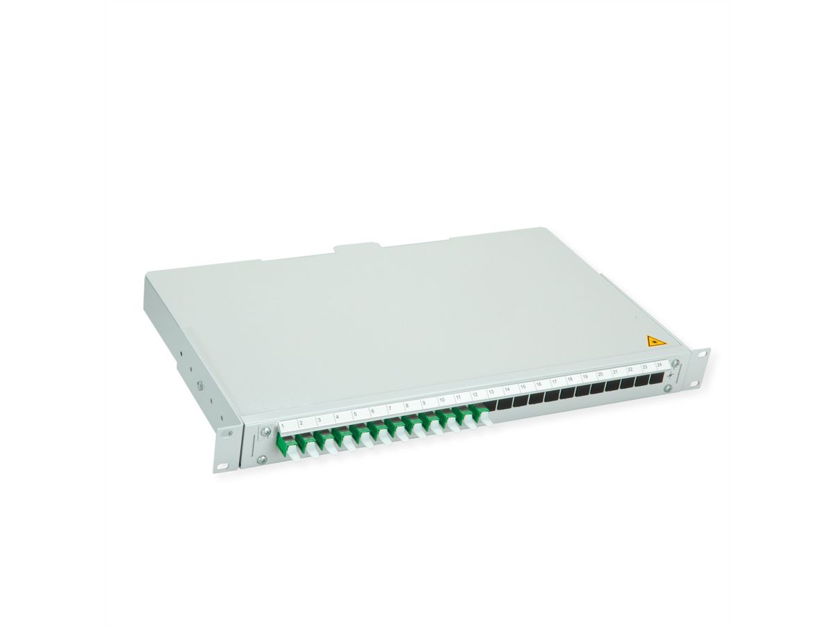 TELEGÄRTNER BASIS V LWL-Panel mit Kupplungen & Pigtails, 12x E2000, OS2 APC grün
