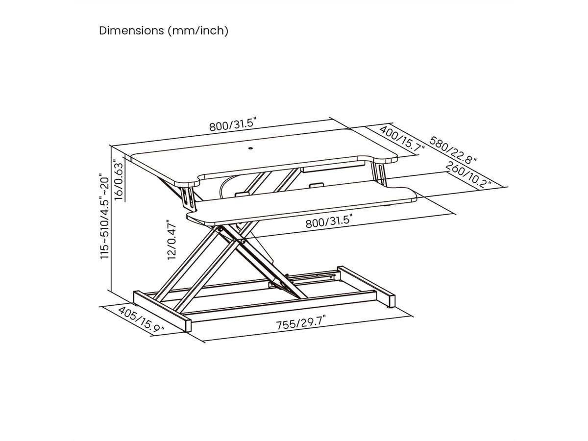 VALUE Höhenverstellbarer Schreibtischaufsatz, 800 x 400 mm, schwarz