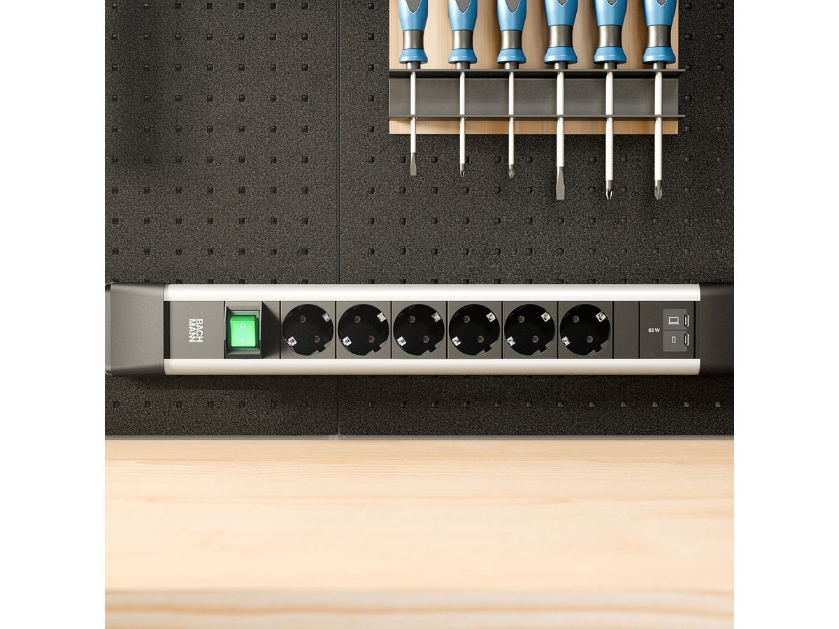 BACHMANN CONNECTUS 6xCEE7/3 1xSchalter, 1xUSB C/C 65W L=2,0m CEE7/7 grau