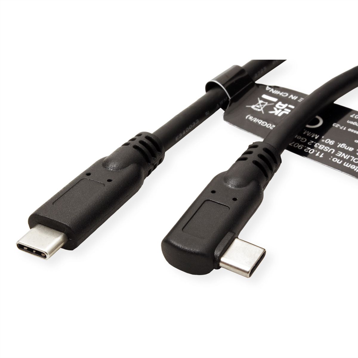 ROLINE USB 3.2 Gen 2x2 Kabel, USB C-C, ST/ST, 4K UHD-1, 20Gbit/s, Emark, 100W, gewinkelt, schwarz, 1 m