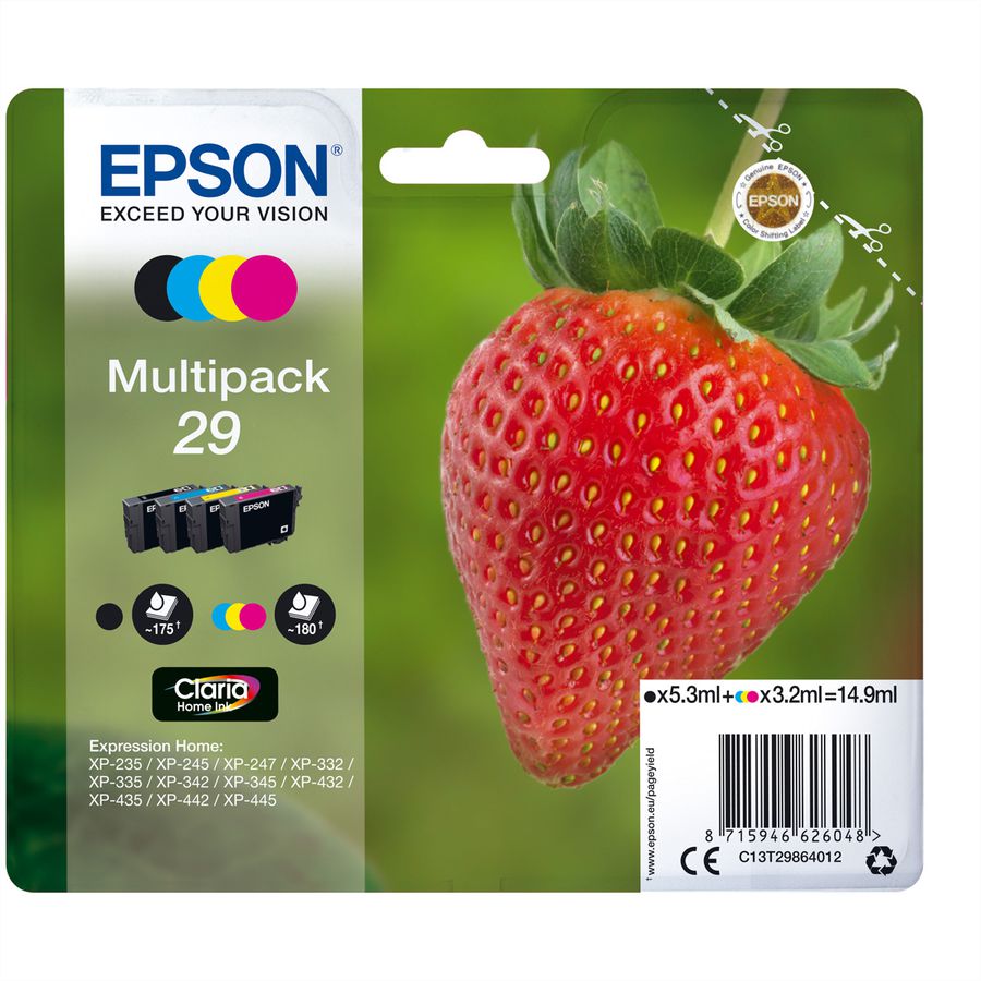 C13T29864010, Multipack 29, Tintenpatronen schwarz, cyan, magenta, yellow, 1x 5,3ml, 3x 3,2ml für EPSON Expression Home XP-235, 332, 335, 432, 435