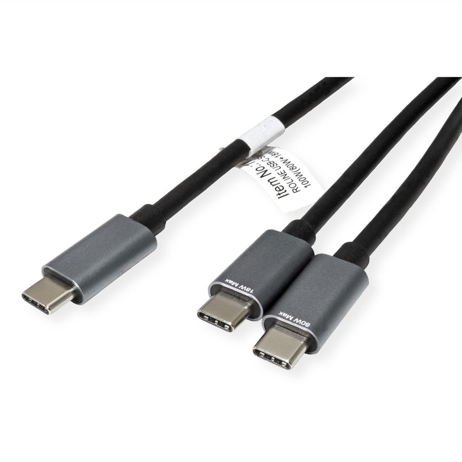 ROLINE USB Typ C Split-Ladekabel, USB-C - 2x USB-C, ST/ST, max. 100W, schwarz, 1,85 m