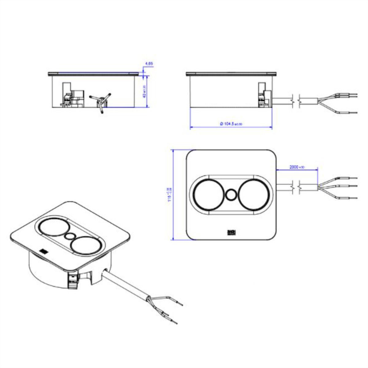 BACHMANN TWIST 2 1xUTE 1xUSB A/C 22W 2,0m AEH Edelstahl-Optik eckig