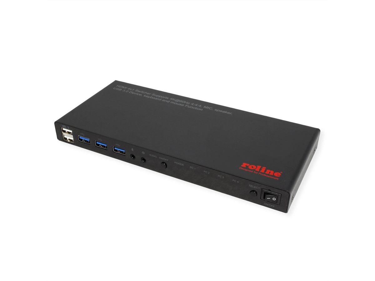 ROLINE KVM Switch, HDMI 4K, USB, 1 User - 4 PC, mit 3-Port USB-Hub