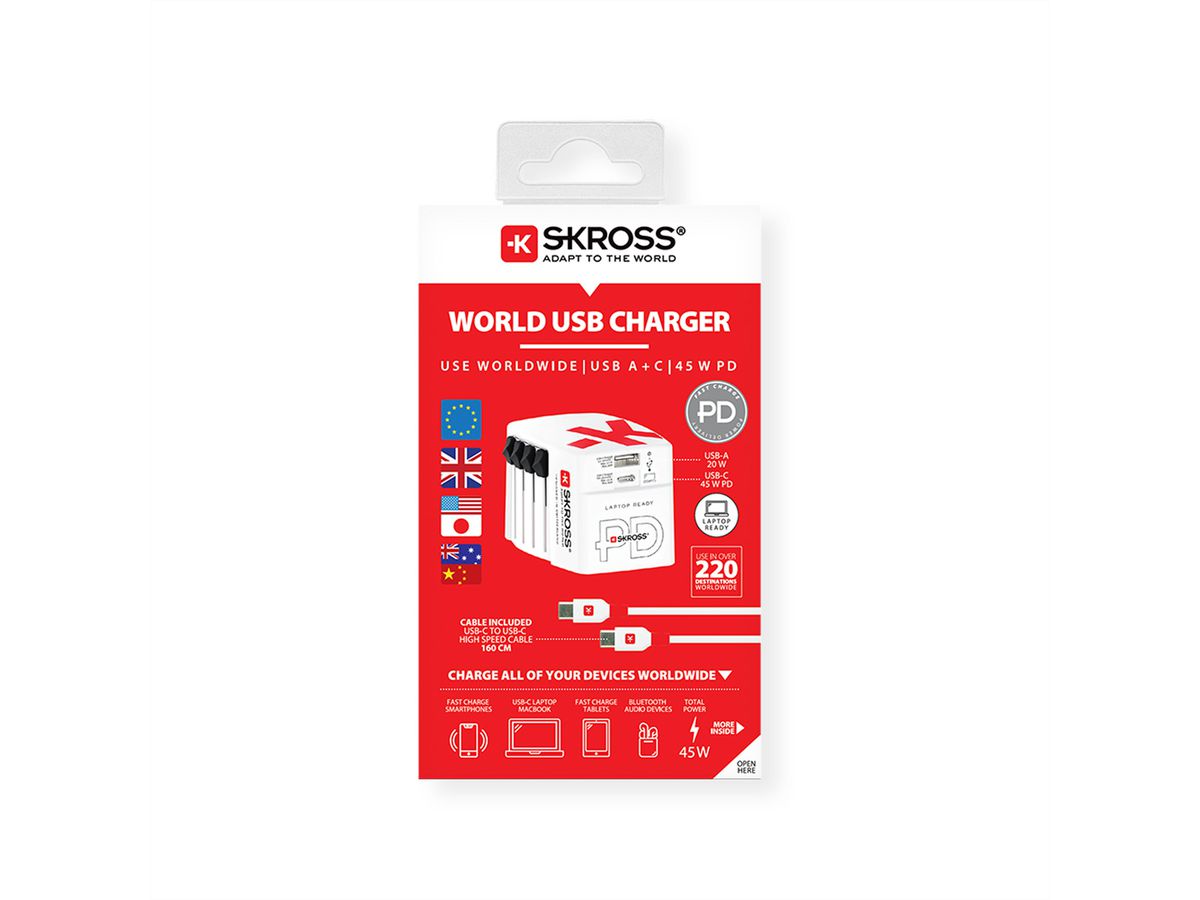 Skross World USB Charger A/C 45PD mit USB-C Kabel, Weltweit