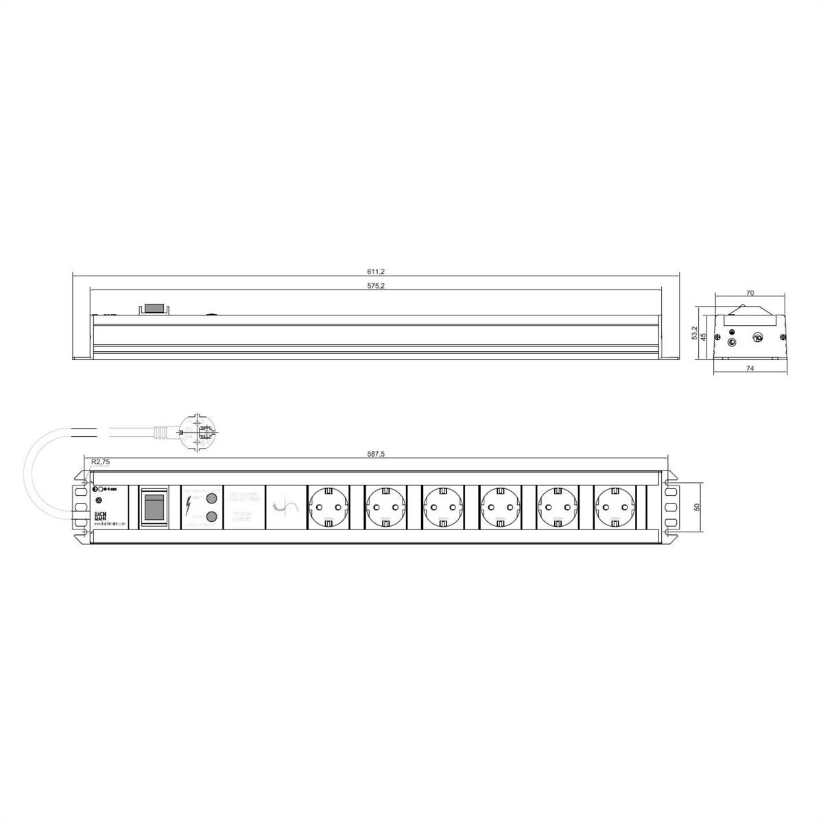 BACHMANN Handwerkerleiste 6x Schutzkontakt, Gerätevollschutz, Schalter, 2 m