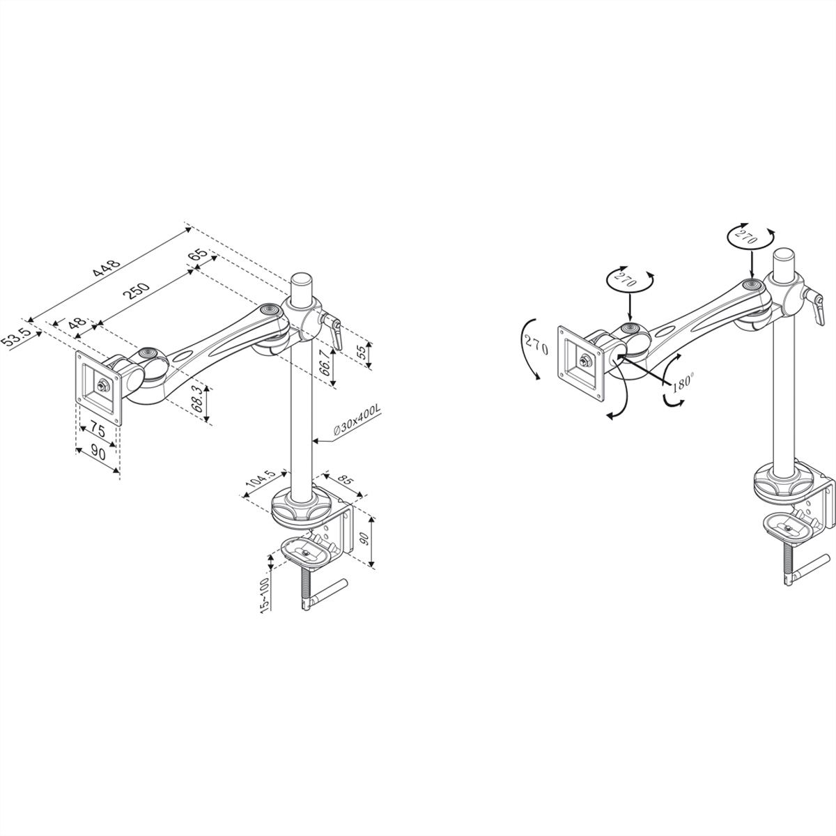 ROLINE LCD-Arm Trägerstange, 3 Gelenke, Tischmontage, bis 10 kg