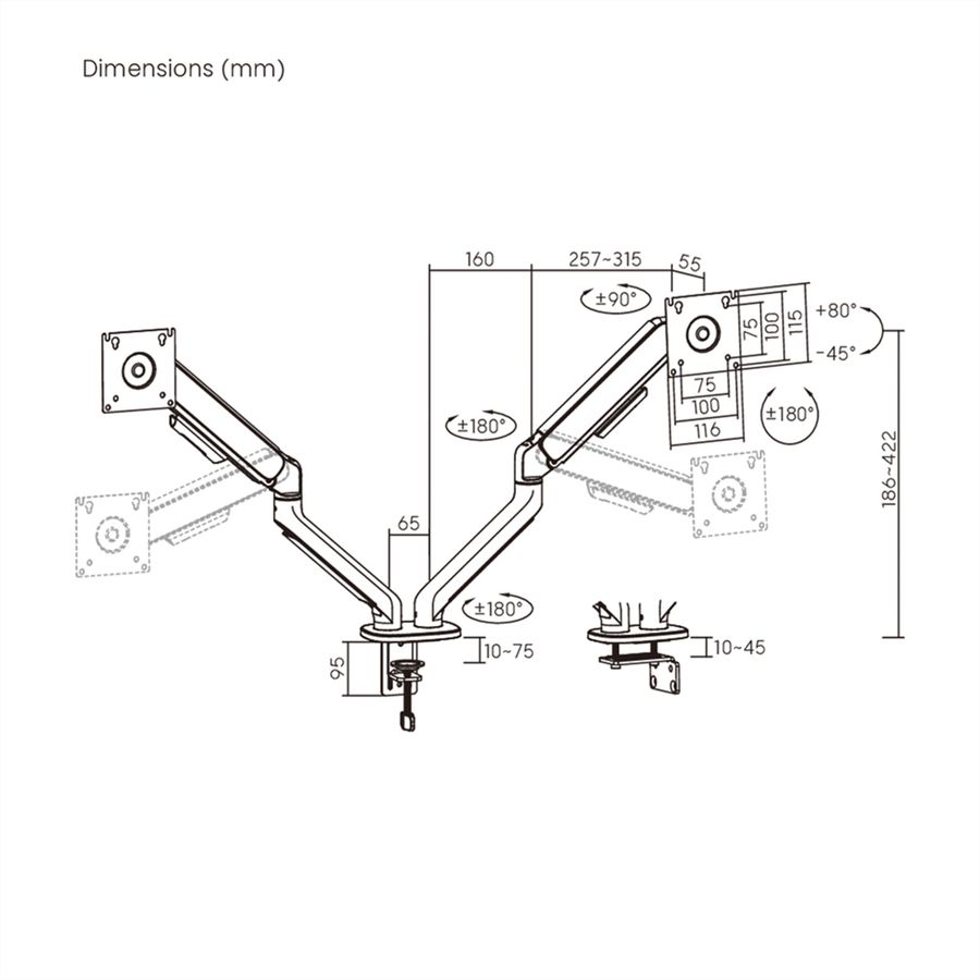 STANDARD Dual-Monitorarm, Mechanische Feder, 17–32 Zoll, max. 2 × 10 kg, schwarz