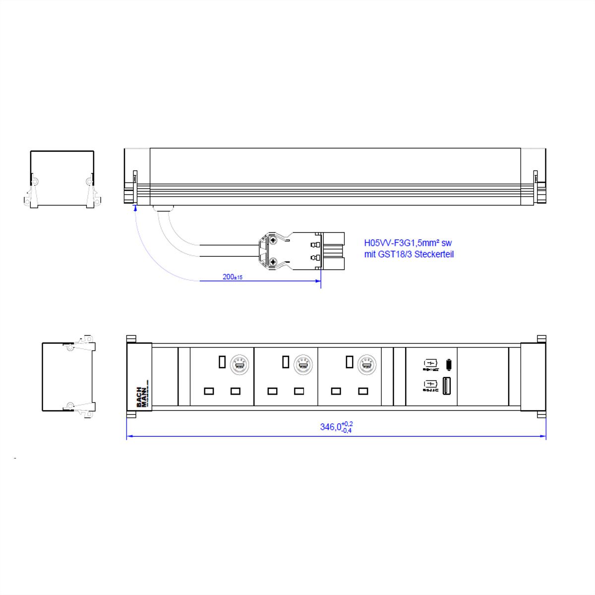 BACHMANN POWER FRAME L 3xUK, 1xUSB A/C 22W 0,2m GST18 United Kingdom