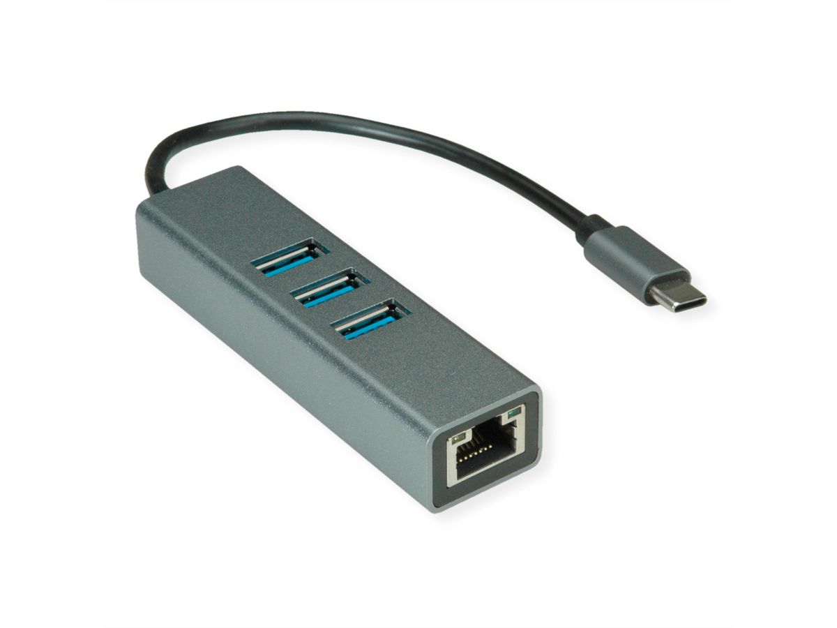 ROLINE USB Typ C zu Gigabit Ethernet Konverter + Hub 3x