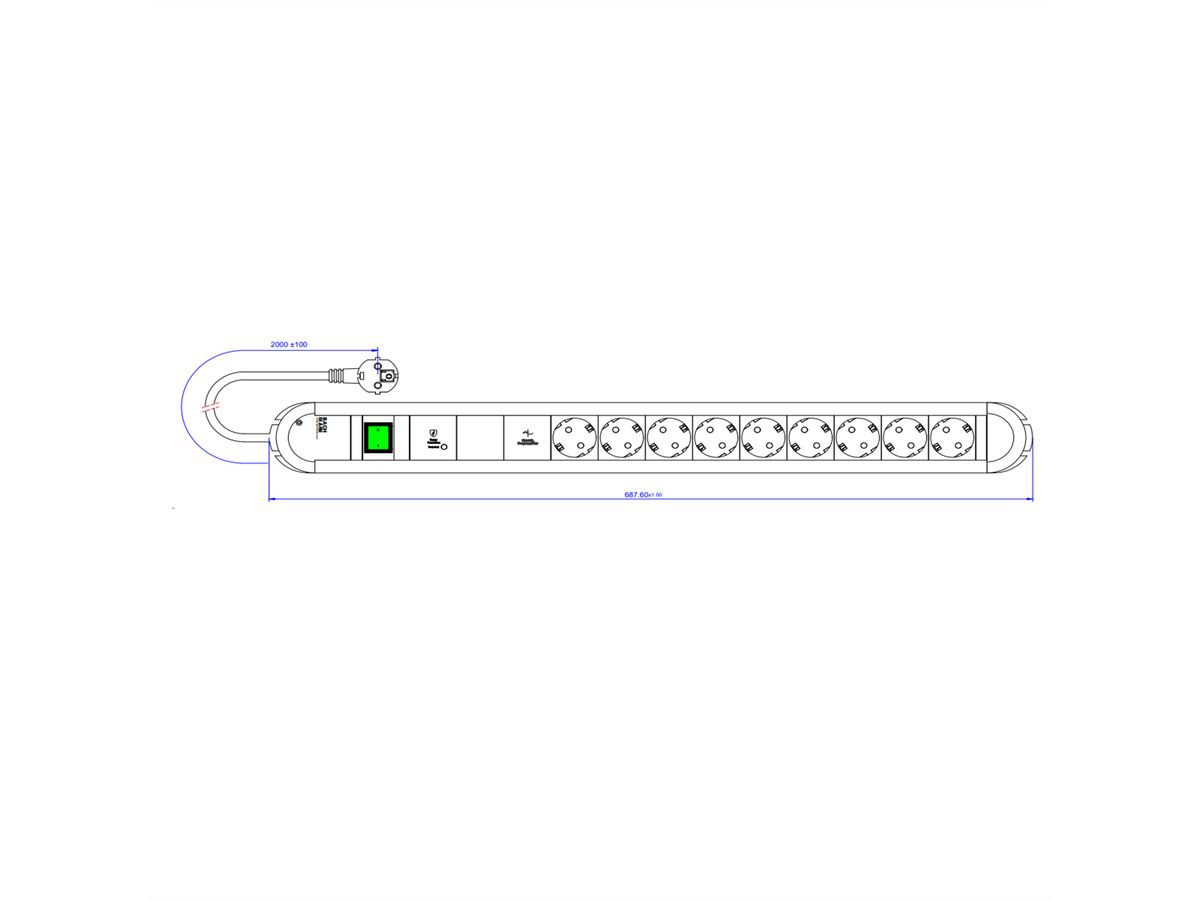 BACHMANN PRIMO 9xCEE7/3 1xGVS-Plus 1xSchalter 2,0m CEE7/7