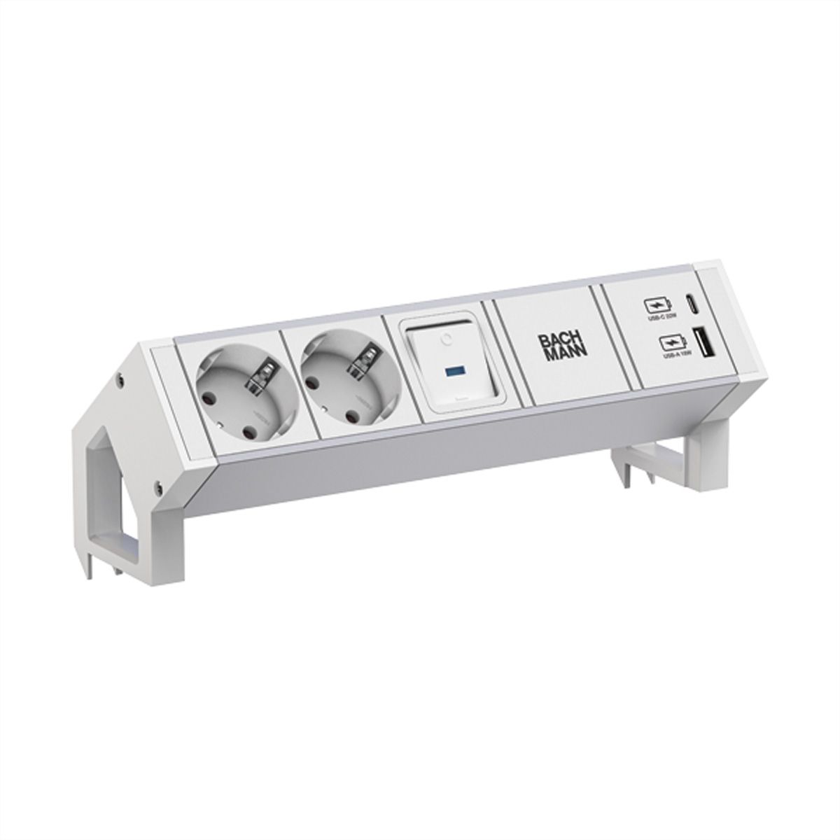 BACHMANN DESK2 ALU WHITE 2xCEE7/3 1xSchalter 1xUSB A/C 22W 0,2m