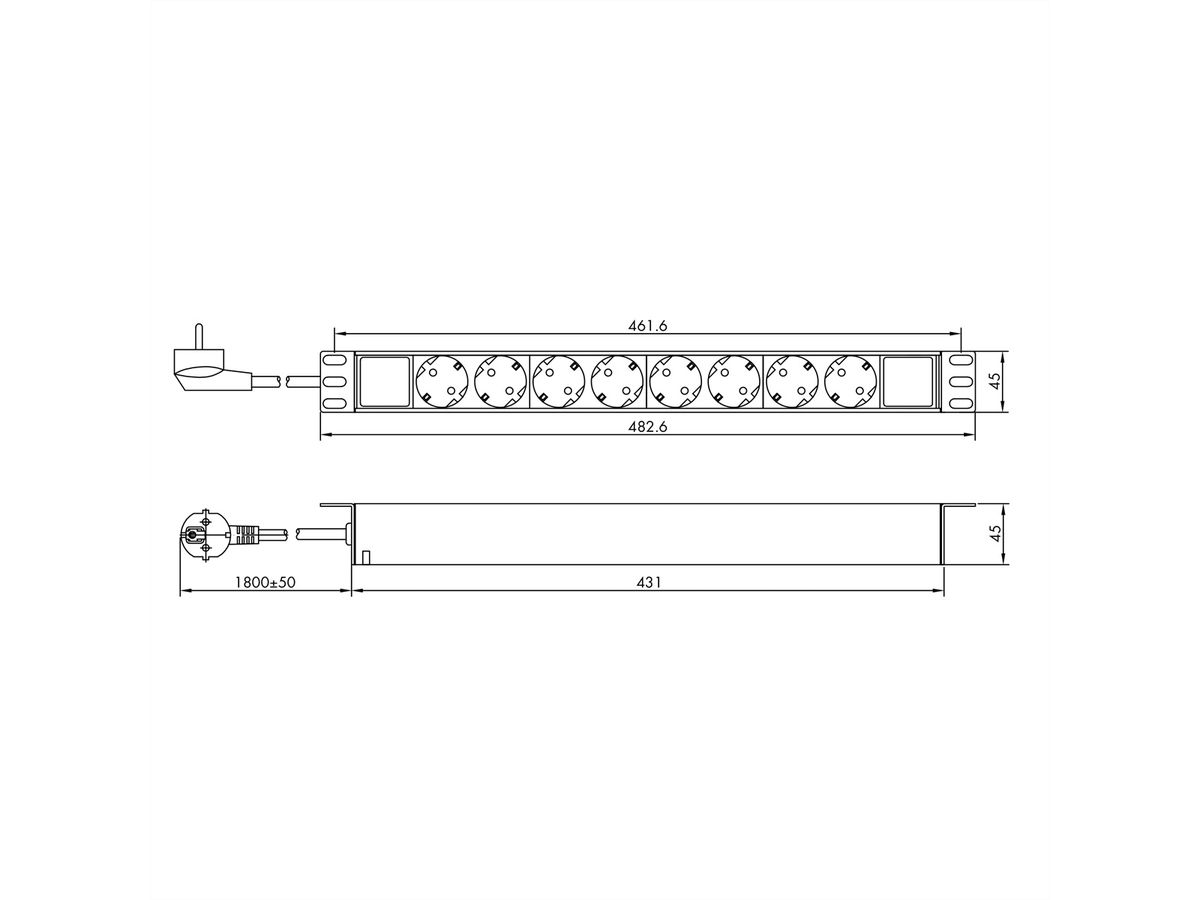 VALUE 19"-Steckdosenleiste 8fach, 1 HE, Schutzkontakt-Stecker, 1,8 m