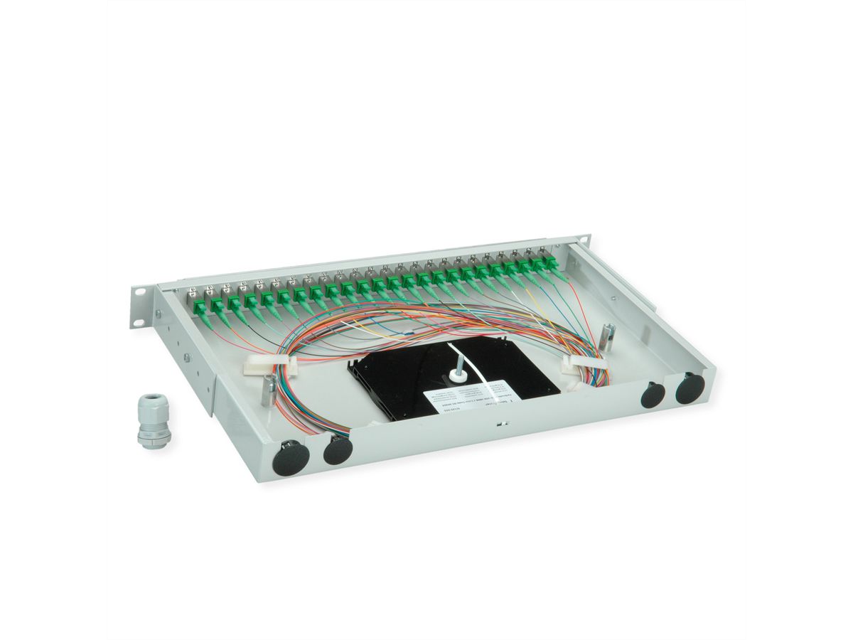 TELEGÄRTNER BASIS V LWL-Panel mit Kupplungen & Pigtails, 24x E2000, OS2 grün APC
