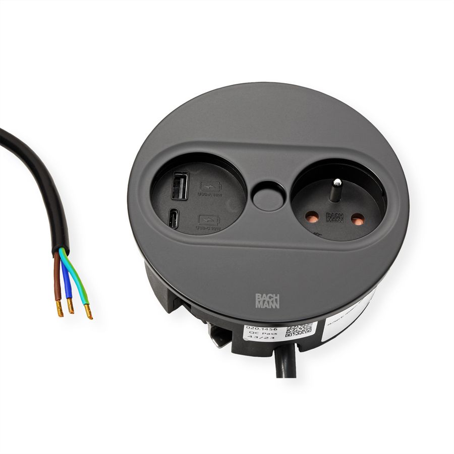 BACHMANN TWIST 2 1xUTE 1xUSB A/C 22W 2,0m AEH RAL9005 30GE rund